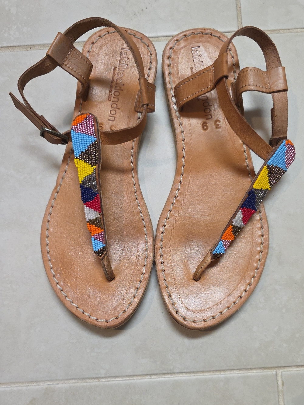 Laid-Back London Beaded Leather T-Strap Sandals Multicolor Tribal Boho Size‎ 9